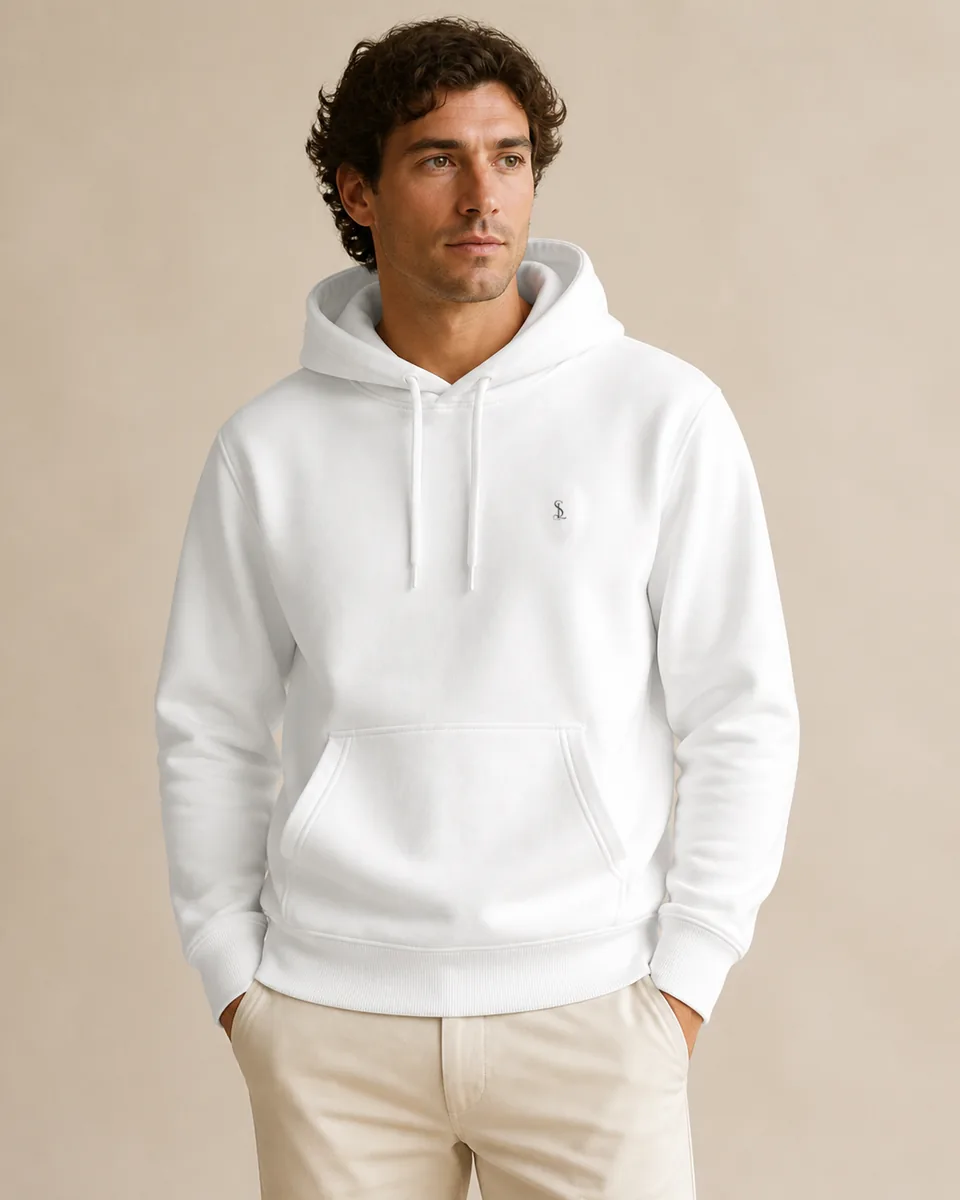 White Pullover Hoodie, on model studio