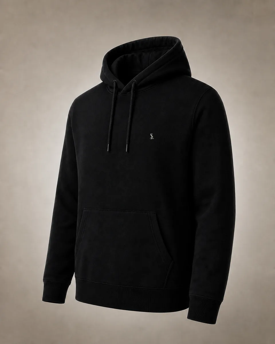 Essential Hoodie in Ink black, three-quarter catalog view